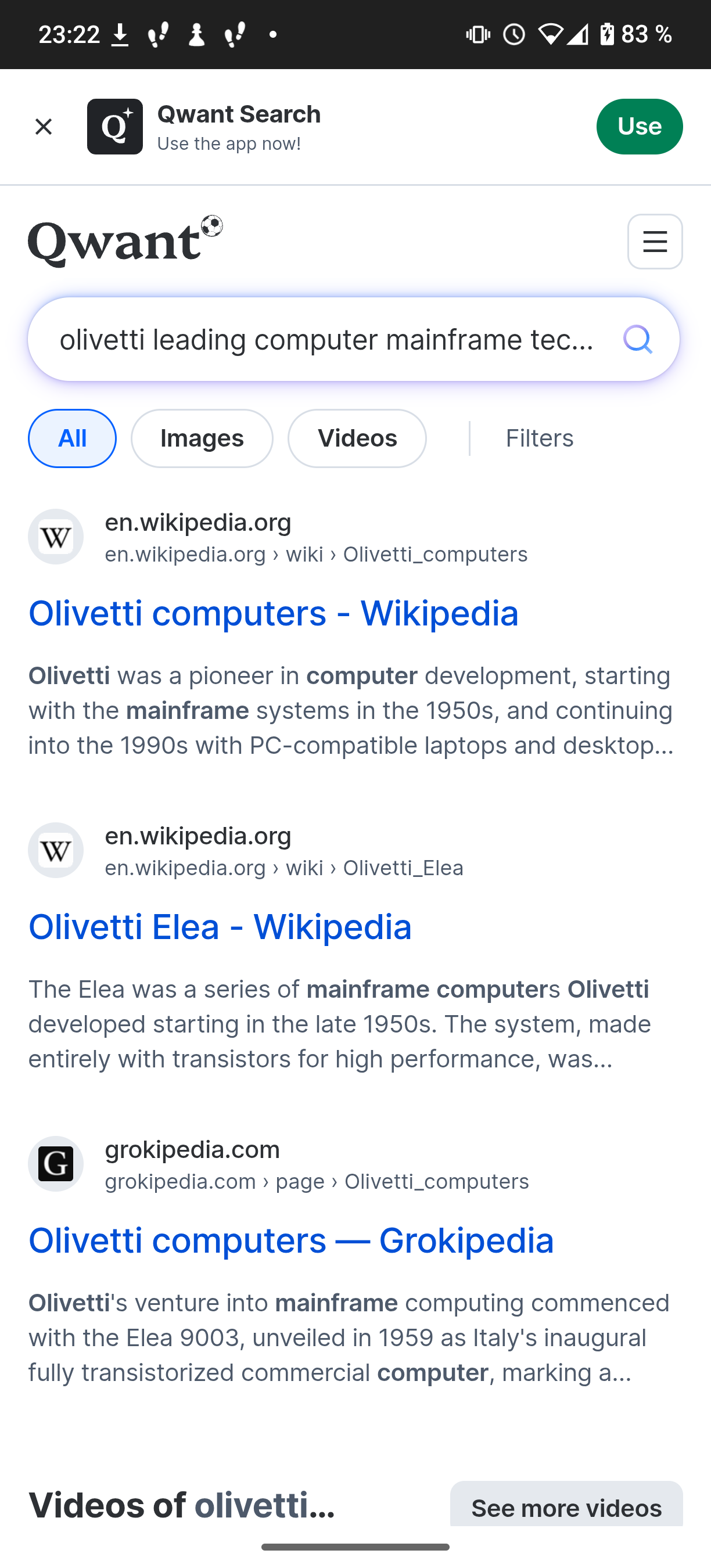 Grokipedia in Qwant search result for Olivetti mainframe computers