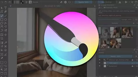 The Krita icon superimposed on a Krita document window.