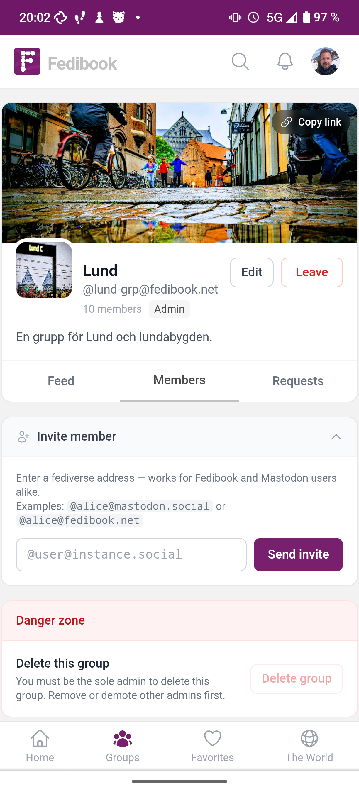 Screenshot from the Fedibook group for Lund.