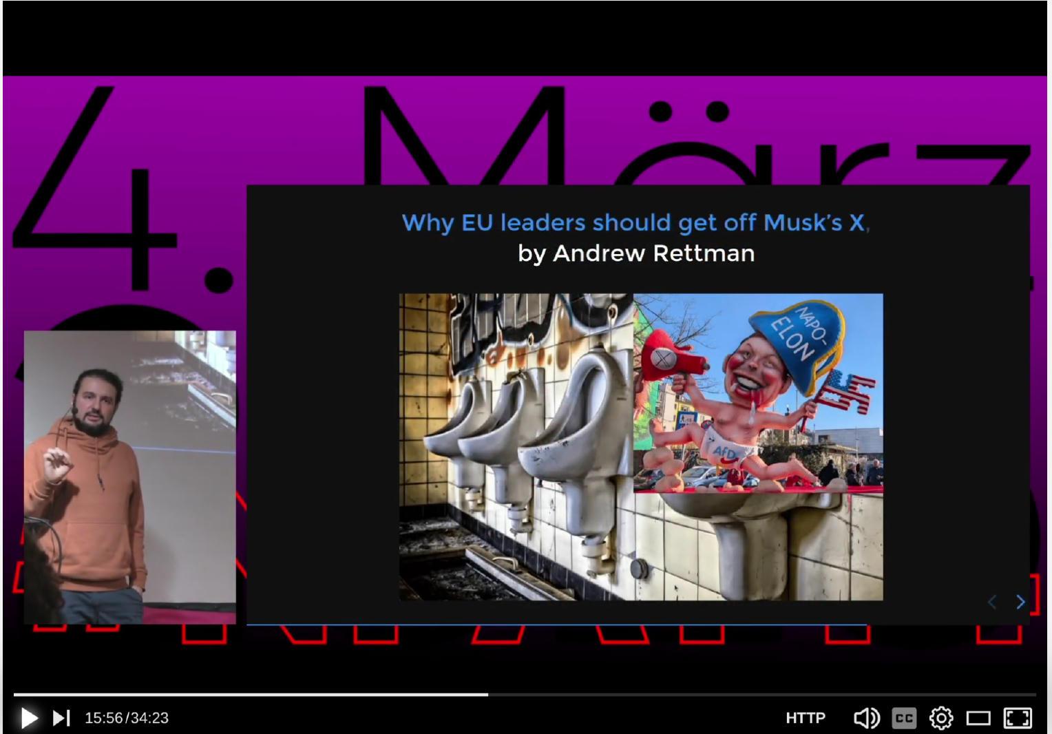 Everton gives his talk about disinformation and the threat to democracy. Screenshot from PeerTube