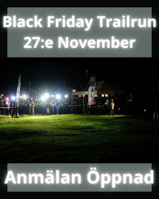 Foto av startfältet i löpartävling - mörkt, löparna bär pannlampor. Text: "Black Friday Trailrun 27:e november - Anmälan Öppnad"