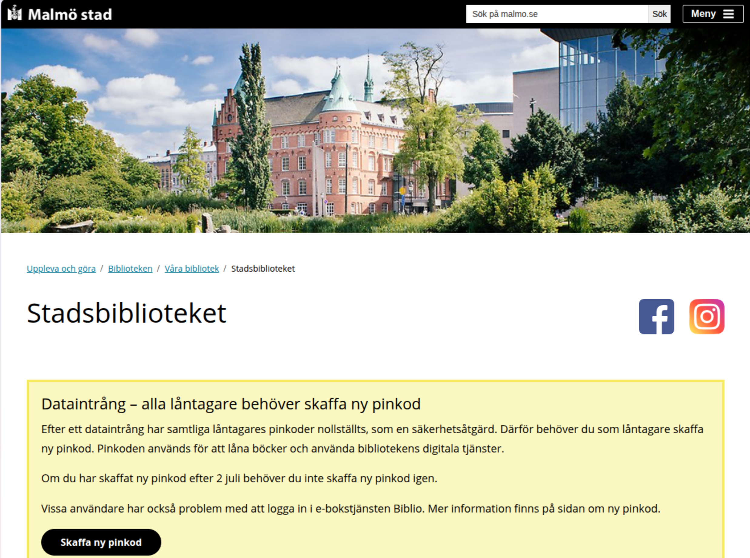 Malmö stadbibliotek med stora sponsorlogotyper överst på sidan.